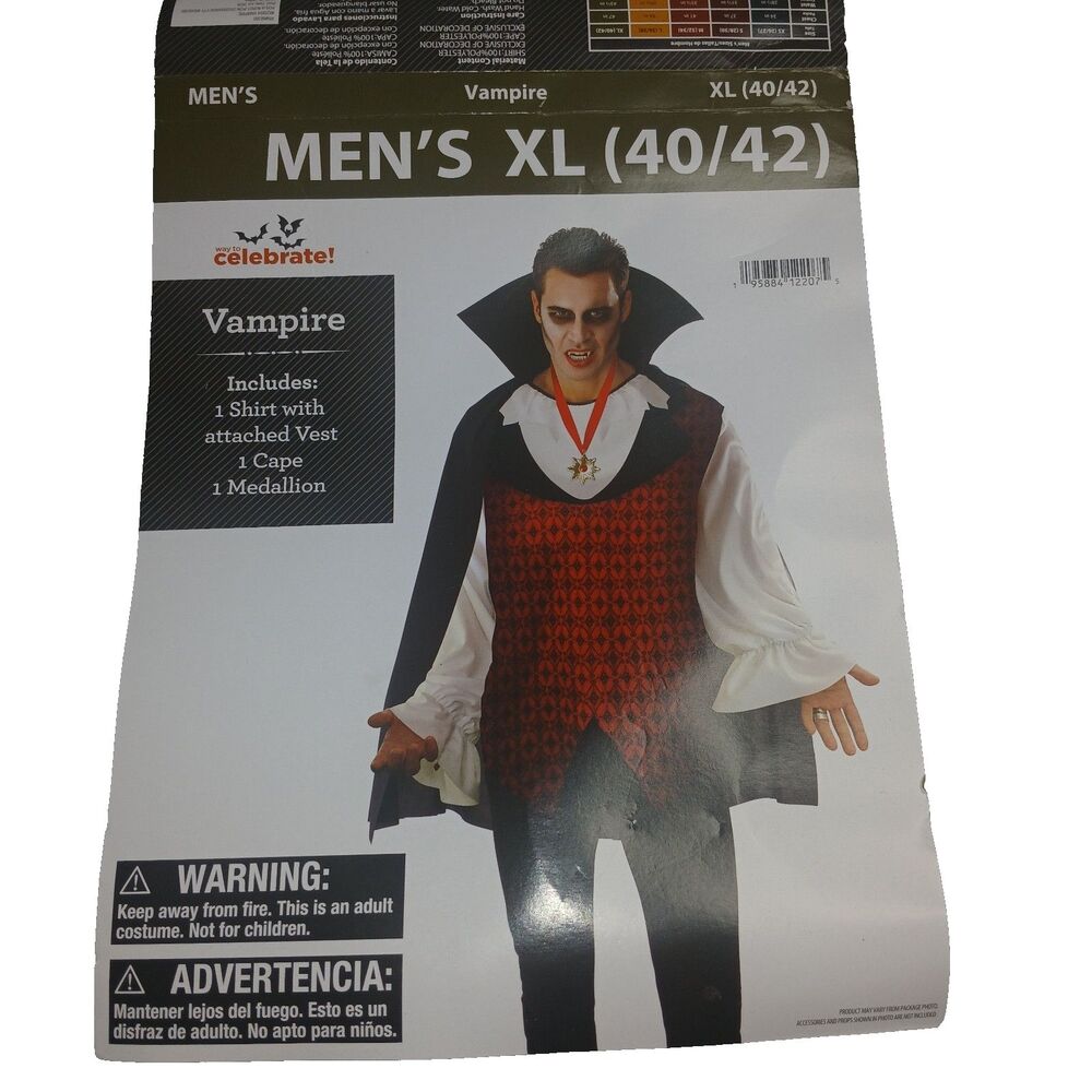 Male Vampire 3 Piece Costume Size XL  New in Package Cape Shirt Vest Medallion